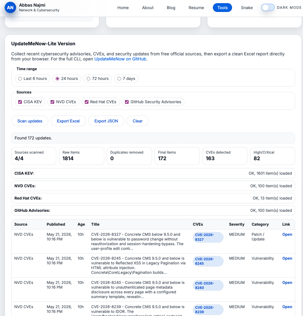 Lightweight UpdateMeNow web version on a personal website